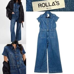 Rollas Sailor Denim Jumpsuit Women’s XL 14 NWT Wide Leg One Piece Short Sleeve